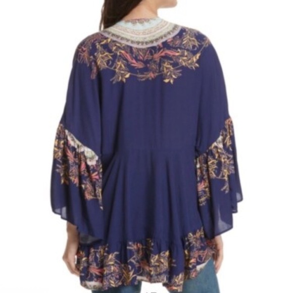 Free People Women's Sunset Dreams Oversized Boho Artsy Flowy Blue Blouse - Picture 4 of 10